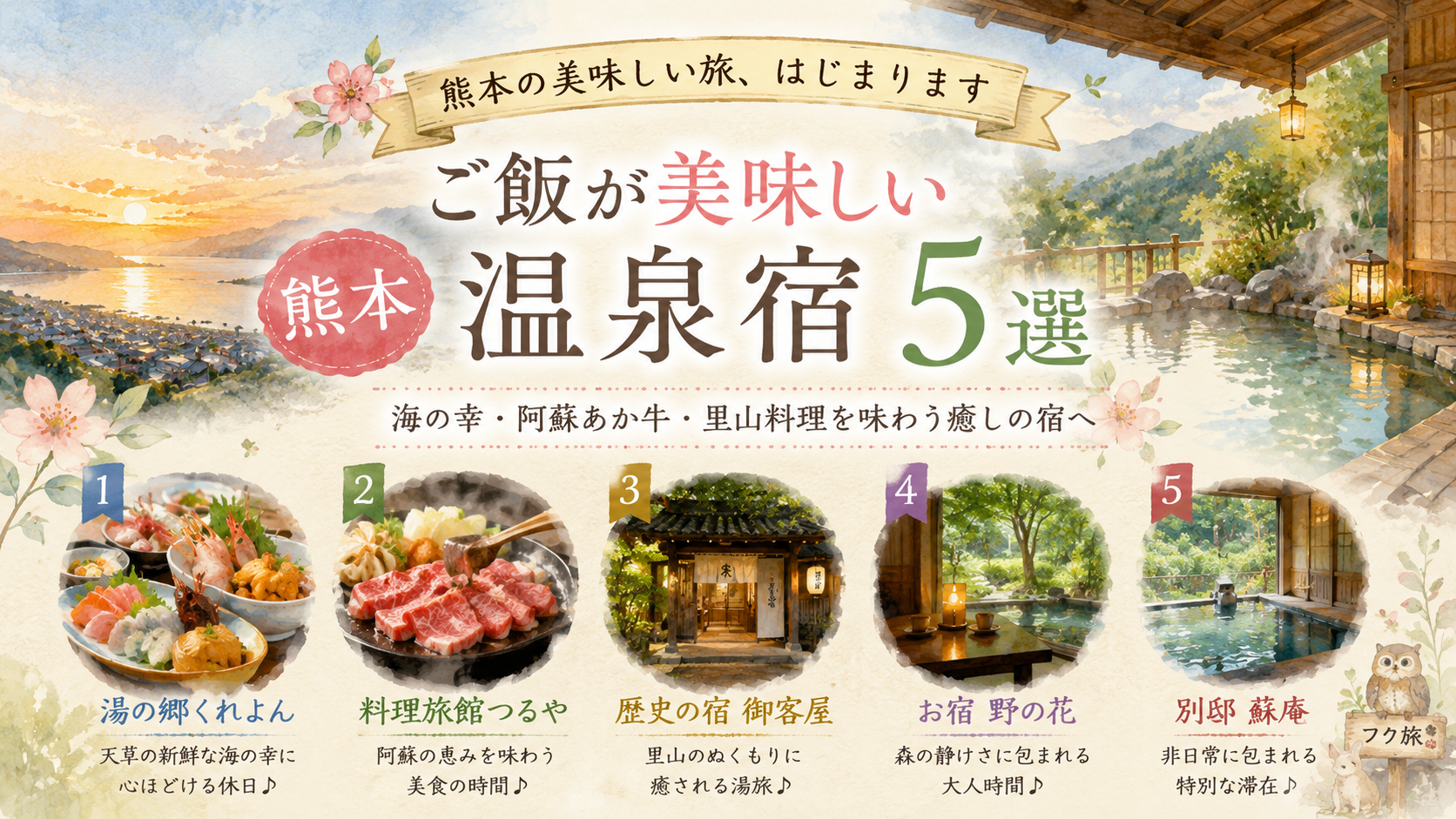 ♨️【熊本】ご飯が美味しい温泉宿5選｜海の幸から阿蘇の恵みまで。心ほどける美食の湯宿へ